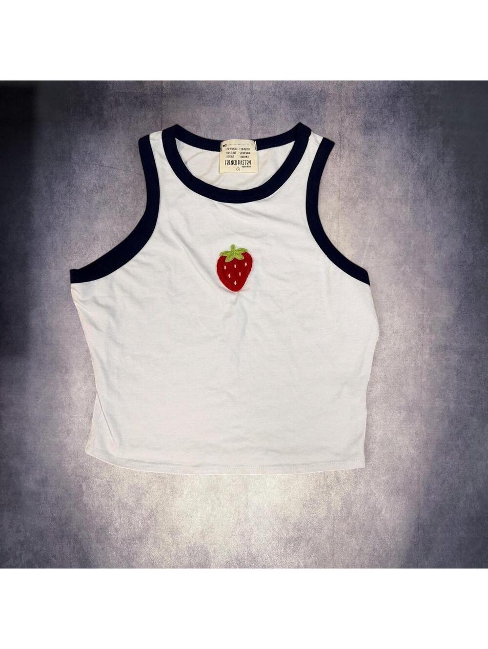 French Pastry white crop top with red strawberry graphic